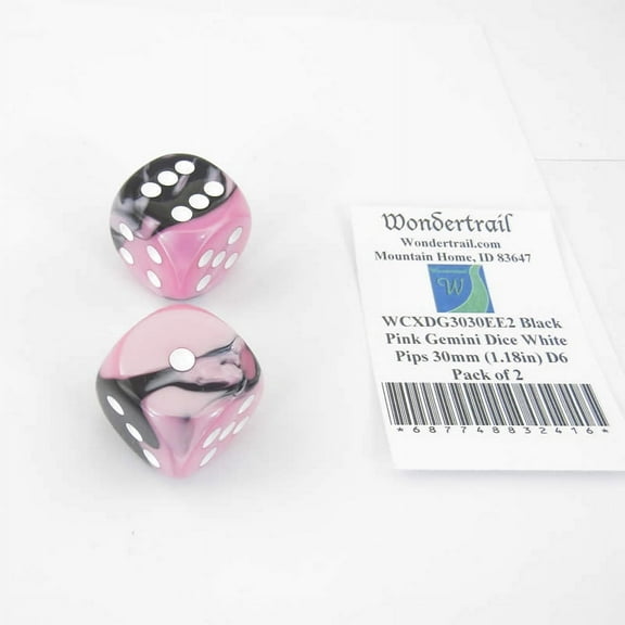 Black and Pink Gemini Dice with White Pips 30mm (1.18in) D6 Pack of 2 Wondertrail