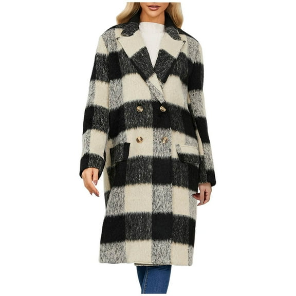 Mingw Plaid Wool Coat for Women Classic Color Blocking Fashinable Pea Coat Thermal and Warm Thrench COat for Winter Season,S,Black