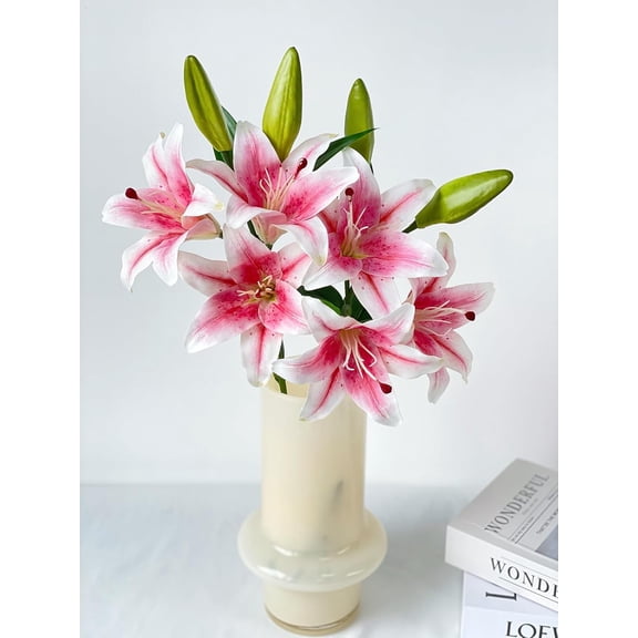 KUNPENG 2 Pcs Pink Stargazer Lily Artificial Flowers for Decoration, 28 inch Long Stems Real Touch Latex Fake Flowers, Faux Silk Easter Lily for Spring Indoor Home Office Wedding Table Centerpiece
