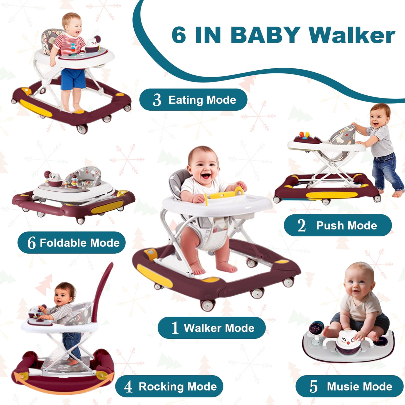 ManyFun baby Walker, 6-in-1 Multi-functional Foldable Push Walker, 6-24 Months, Red