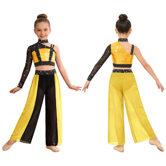 YiZYiF Girls Sequin Rhinestones Crop Top with Lyrical Performance Chiffon Pants Jazz Dance Outfit Sets Yellow 16