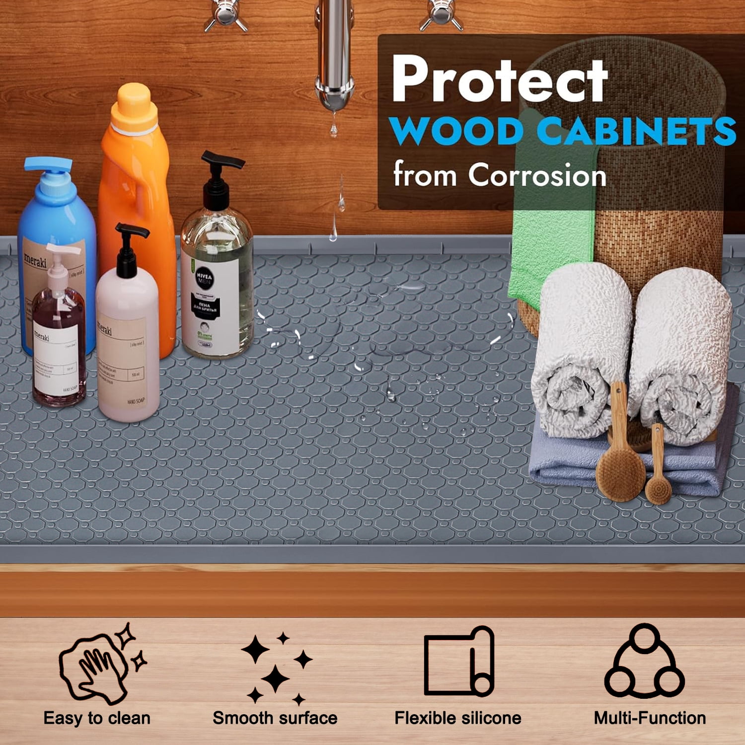 Livhil Under Sink Mat for Kitchen Waterproof, 34"x 22" Silicone Sink Mat Cabinet Liner for Bathroom, Under Sink Mat with Raised Edge, Under Sink Drip Tray Protector