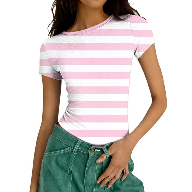 Xuyuer Print Fitted Pencil Top - Women's Casual Unstructured Round Neck Short Sleeve Shirt Matching Set for Office Chic Ensembles, Dinner Date Nights & Modern Separates Wardrobe Styling