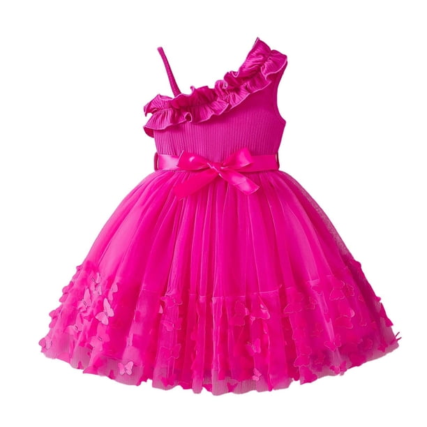 Vestido de Fiesta de Niñas Pendiente Hombro Mariposa Impresión Maxi con Cintura, 3D Adornado Vestido de Niño Pequeño para Vacaciones Y Ocasiones Especiales