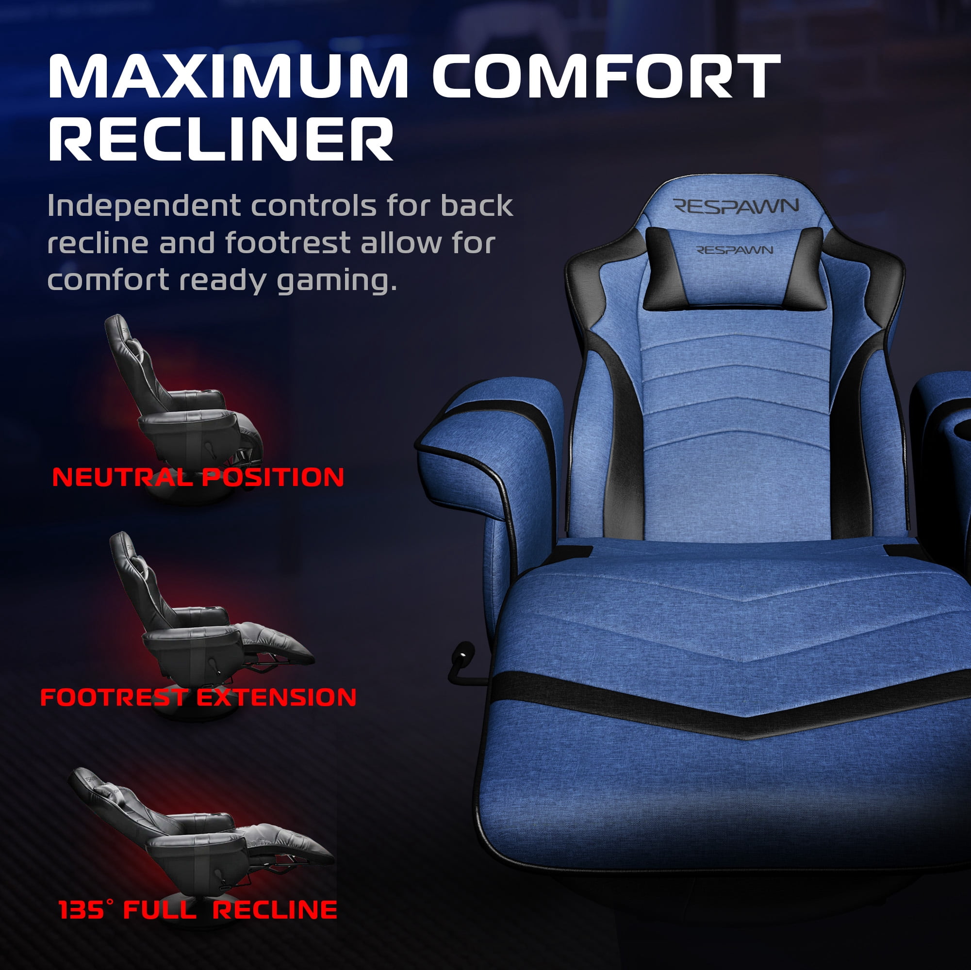 RESPAWN 900 Console Gaming Recliner with Footrest and Lumbar Support - Comfortable Ergonomic Gaming Chair with Headrest, No Wheels, Reclining, Heavy Duty, Racing Style Video Game Chairs - Blue Fabric