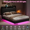 thumbnail image 4 of Queen Size Floating Bed Frame with RGB LED Lights & Charging Station, Upholstered Platform Bed with Storage Headboard, 50" Tall Leather Headboard, No Box Spring, Noise-Free Design, 4 of 8