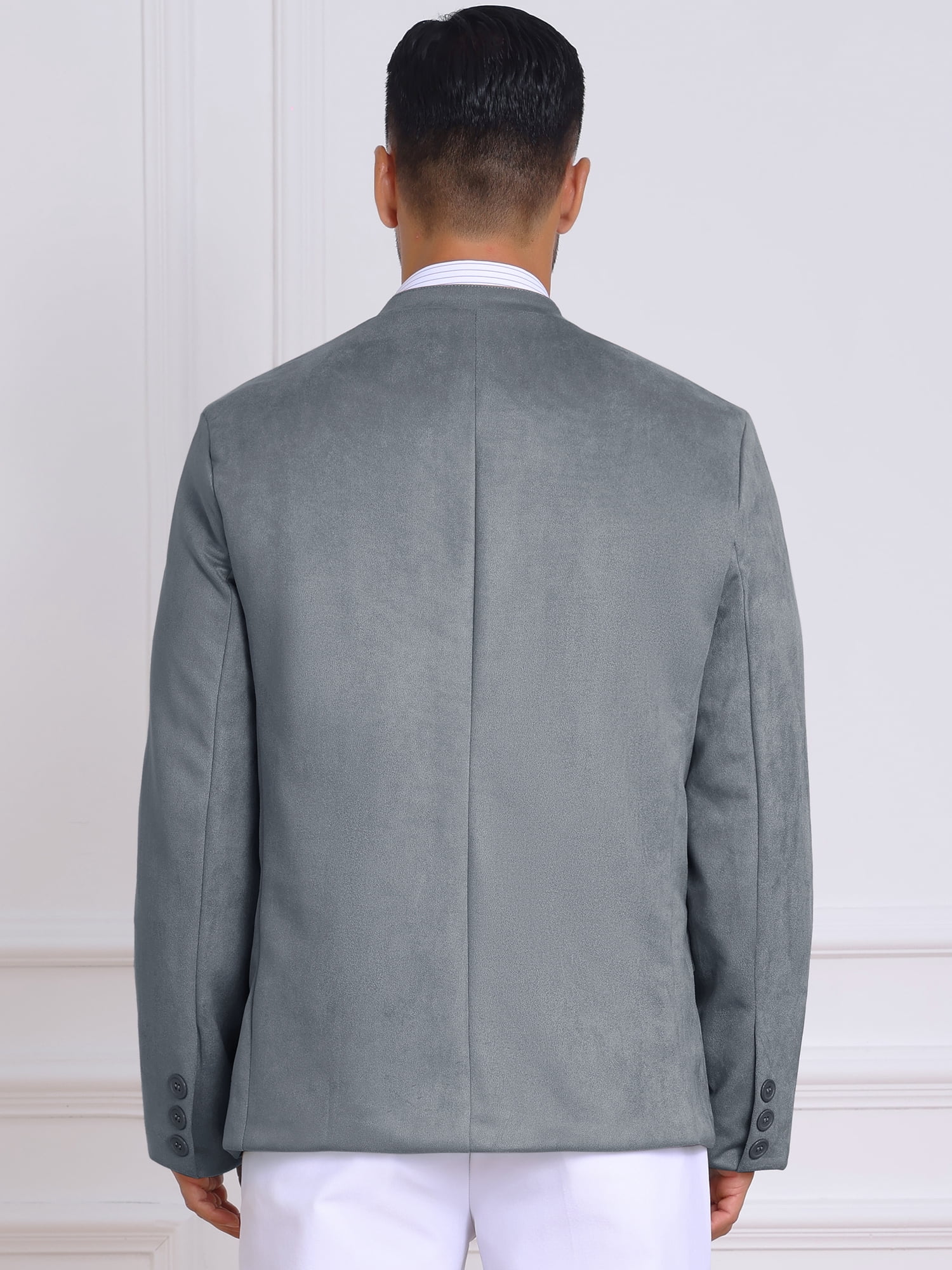 DARING DIVA Men's Suit Jacket Stand Collar Single Breasted Suede Blazer L Gray