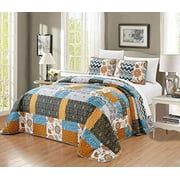 3-Piece Fine Printed Oversize (100" X 95") Quilt Set Reversible Bedspread Coverlet Queen Size Bed Cover (Black, White, Grey, Gold, Blue, Paisley)