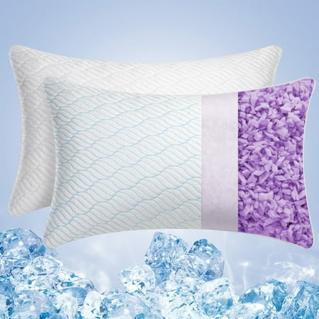 Cooling Shredded Memory Foam Pillows for Sleeping Cool Cold Bed Pillow Standard Size Set of 2 with Zipper, Adjustable Firmness Luxury Hotel Pillow to Hot, Side, Back and Stomach Sleepers 2 Pack, 20x26