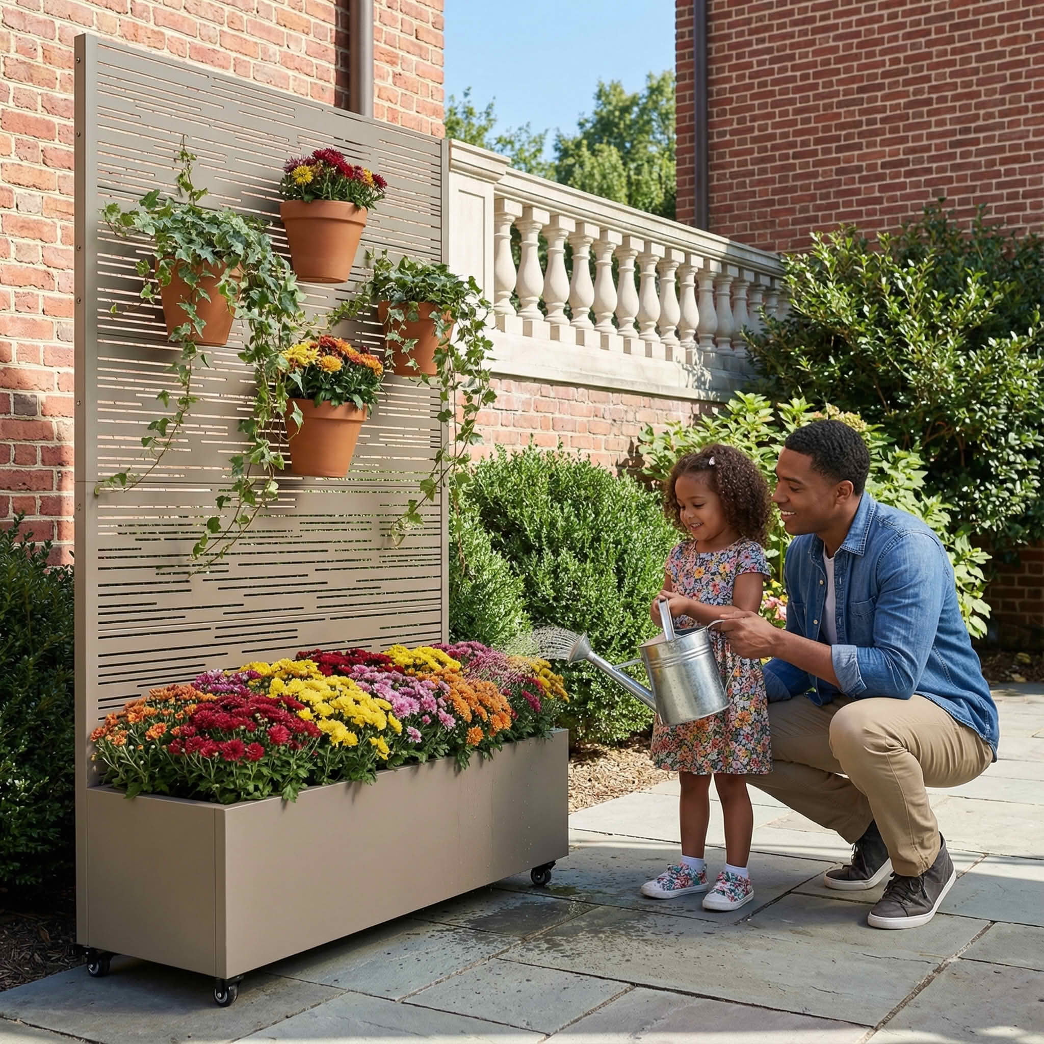 MAYEERTY 72X47" Metal Outdoor Olive Gray Privacy Screen with Planter Box for Backyard & Garden, 5 Piece Set
