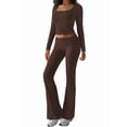 thumbnail image 4 of 2 Piece Square Neck Lounge Set Womens Wide Leg Pants Slightly Crop Top Sweatsuit Sets Brown L, 4 of 9