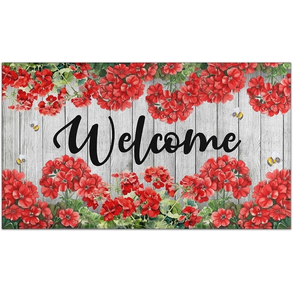 Spring Summer Door Mat, Geranium Welcome Flowers Doormat, Spring Home Decor Non Slip Spring Rug Floral Floor Mat 17"x30" Spring Decorations for Indoor Outdoor