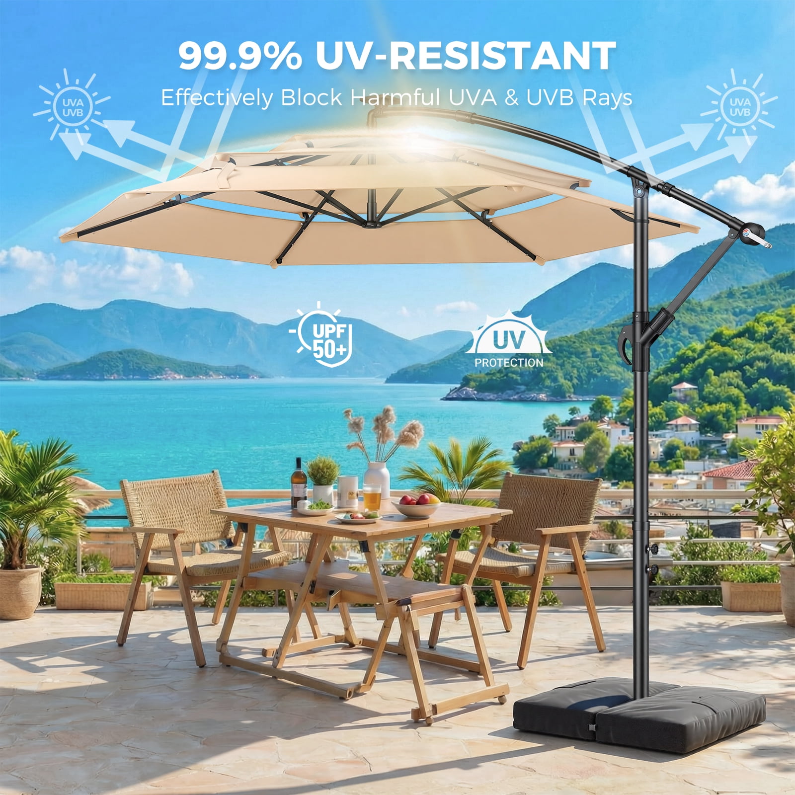 TASKBAY 10ft 3-Tiered Cantilever Patio Umbrella Solar LED Lighted, Hanging Offset Market Outdoor Sun Shade with Base Stand for Beach, Backyard, Deck, Poolside, Beige