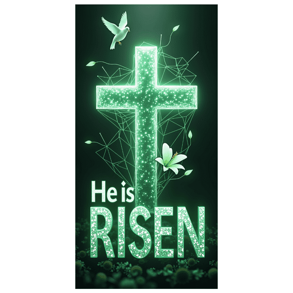 Religious Easter Themed Backdrop Banner with He is Risen Text Flying Doves and Cross Background for Church Celebrations Easter Parties Religious Gatherings Worship Events Decorations