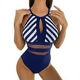thumbnail image 2 of Women's One Piece Bikini Swimsuit High Neck Halter Striped Sexy Fashion Beach Swimwear for Summer Vacation,Blue,S, 2 of 7