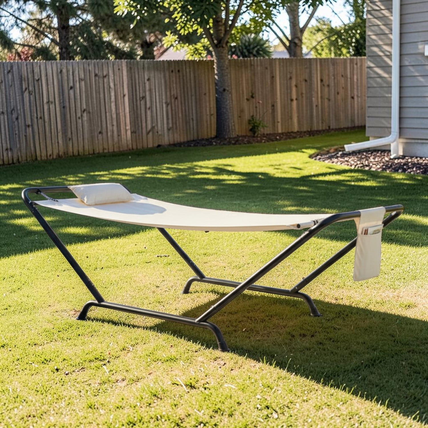 Tcbosik Outdoor Hammock Bed with Stand, Freestanding Hammock with Pillow and Storage Pocket for Yard, Deck, Patio, Beige