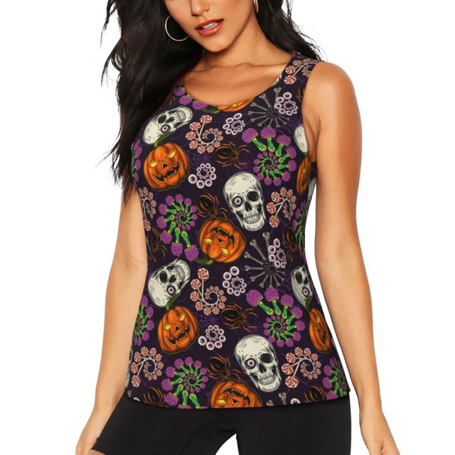 Fotbe Halloween With Skull Blusas Sin Mangas para Mujer – Estilo Casual, Corte Suelto, Slim-Fit, Cuello Redondo Deportivo, Tops de Verano para Gimnasio y Yoga-Large