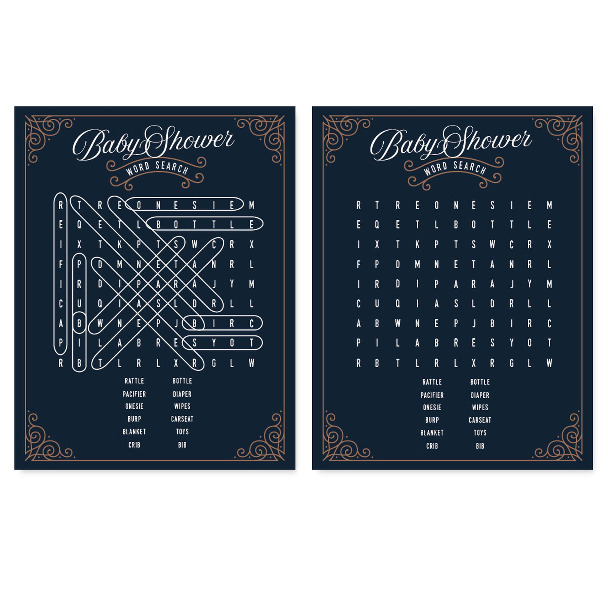 Koyal Wholesale Navy Blue Art Deco Vintage Baby Shower Collection, Word Search Game Cards, 20-Pack