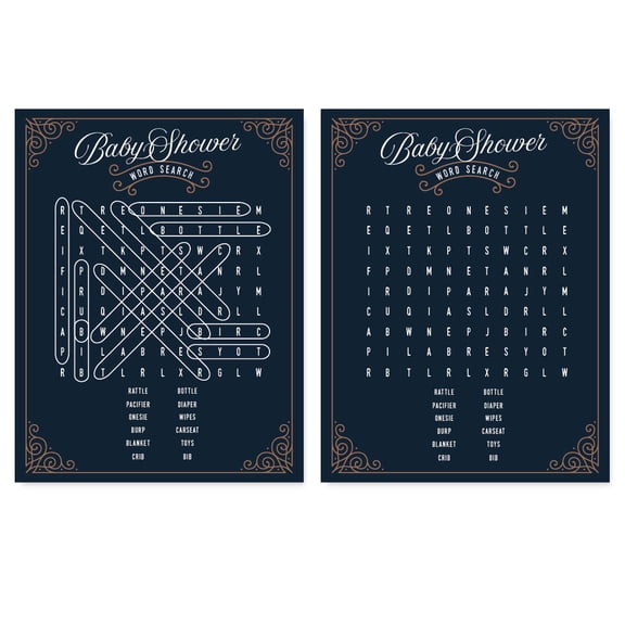 Navy Blue Art Deco Vintage Party Baby Shower, Word Search Baby Shower Game Cards, 20-Pack
