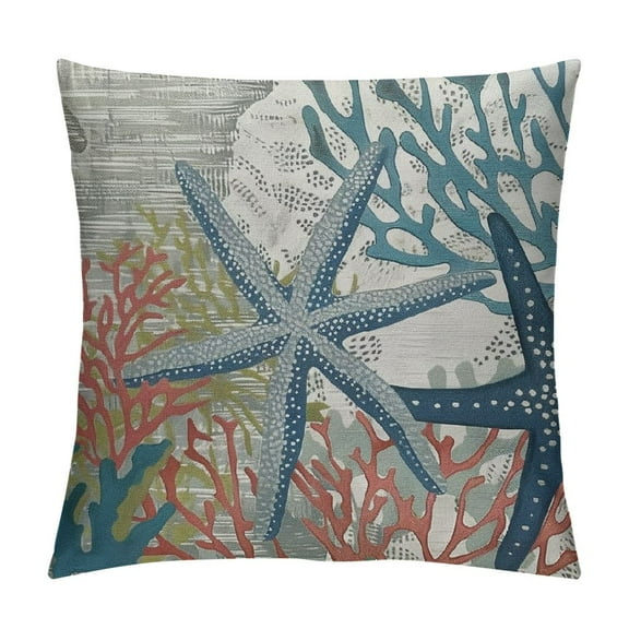Qinduosi Coastal Pillow Covers Set of Blue Beach Theme Ocean Seashell Starfish Coral Summer Nautical Sea Print Decorative Throw Pillow Cases Outdoor Farmhouse Decoration for Sofa Couch Bed White