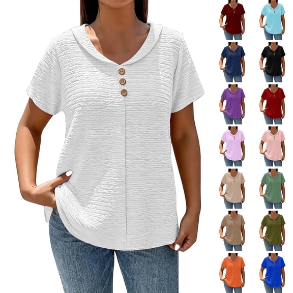 Siminsem Women's Casual Loose Fit V Neck Tunic Top Textured Short Sleeve Pullover with Button Decor Dressy Blouse Cute Lightweight Top for Spring and Summer, White, L