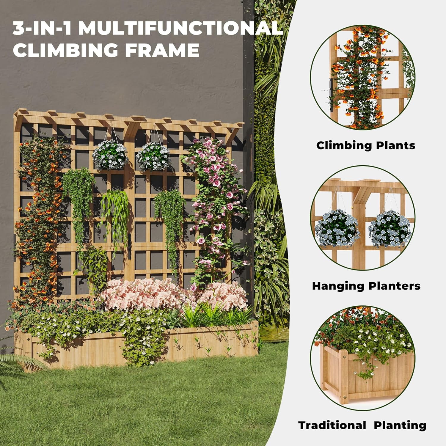 2-Tier Wooden Planter Box with Trellis for Outdoor Gardens, Elevated Raised Bed for Flowers and Vegetables, 1.4Ft Deep Planter with Hanging Roof & Drainage Holes