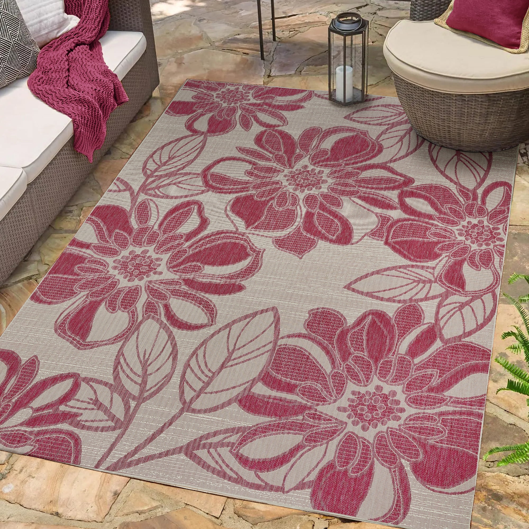 Tropea Woodbury Casual Tropical Floral Fushia Ivory Premium Flatweave UV Resistant Indoor Outdoor Area Rug, 8x10
