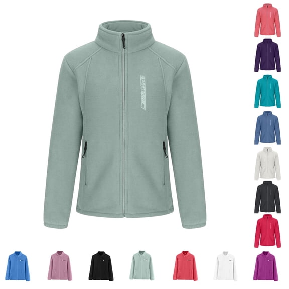 hoksml Women's Lightweight Full Zip Soft Fleece Jacket Fashion Solid Color Outdoor Casual Zipper Stand Sports Long Sleeved Recreation Coat with Zipper Pockets