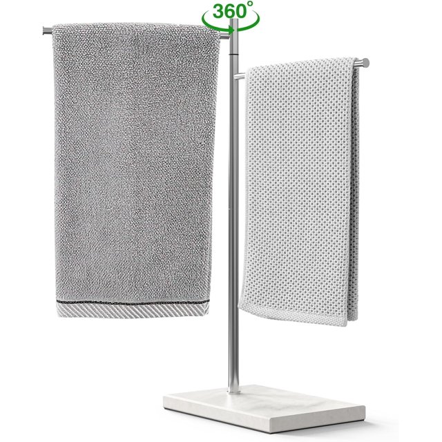 Luxspire Marble Hand Towel Racks, Countertop Free Standing Hand Towel Holder, Natural Marble Base Stainless Steel Rotatable Hand Towel Stand for Bathroom Kitchen Counter, 17 inch, F-Shape