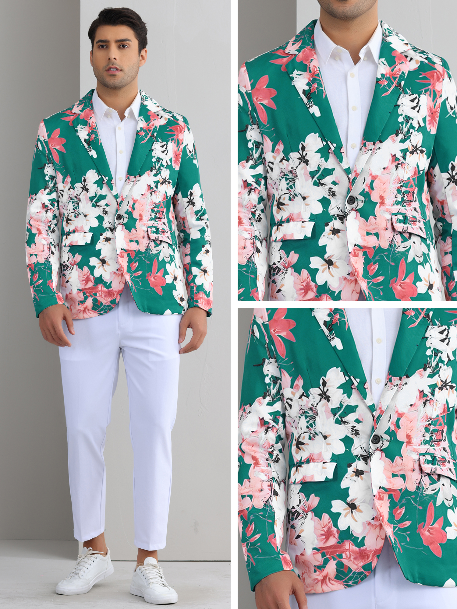 DARING DIVA Men's Floral Slim Fit Party Prom Flower Printed Blazers Suit Jacket M Green