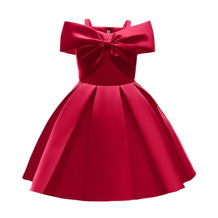

2023 Summer Savings Girls Dress PEZHADA Toddler Girls Solid Color Temperament Bowknot Off Shoulder Pleated Skirt Birthday Party Gown Long Dresses Red 8-9 Years（8-9Y）