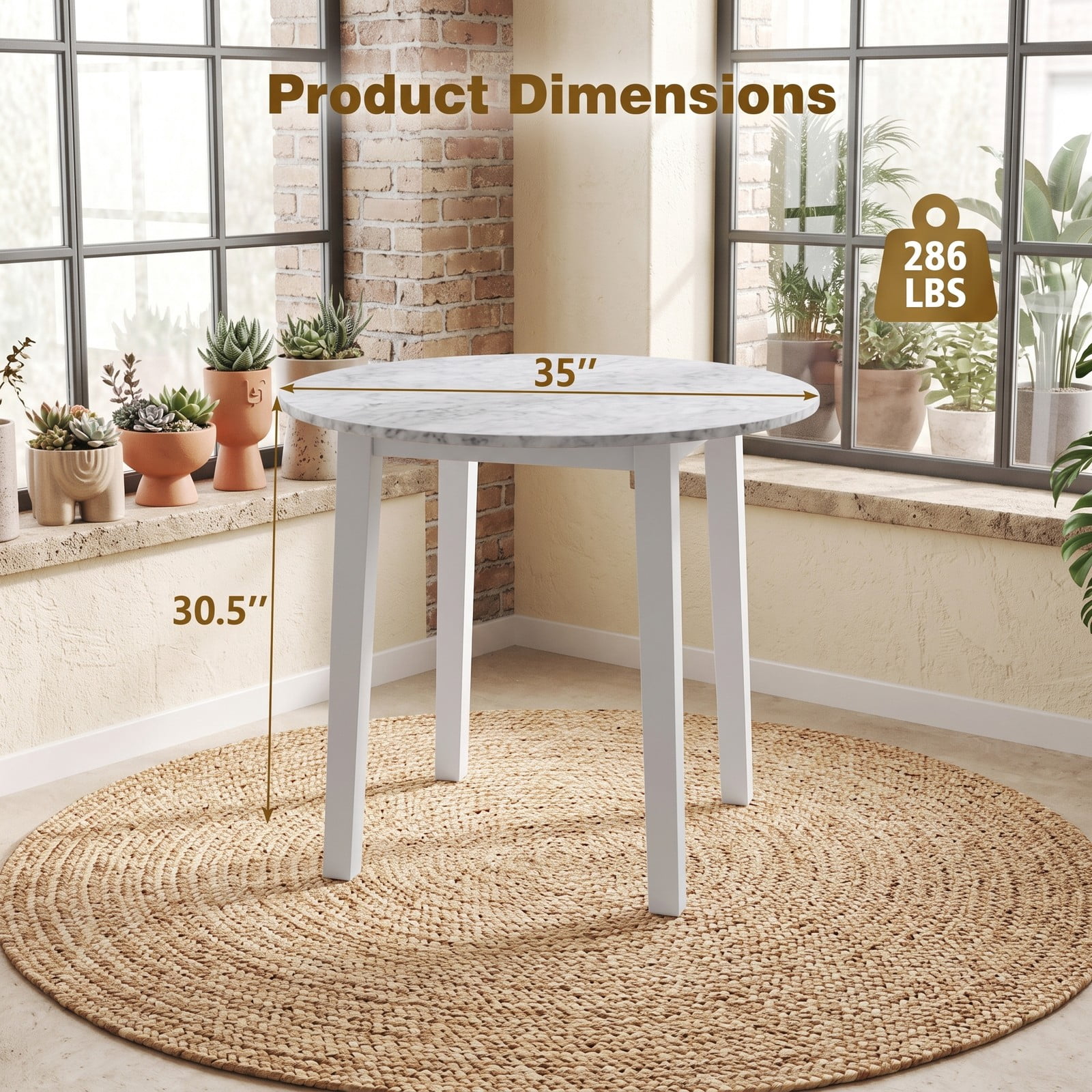 Furnibear 35 Inch Round Dining Table, Marble-Textured Veneer Kitchen Table with Rubber Wood Legs for 2-4 People, Small Space Bistro Dinner Table for Kitchen, White