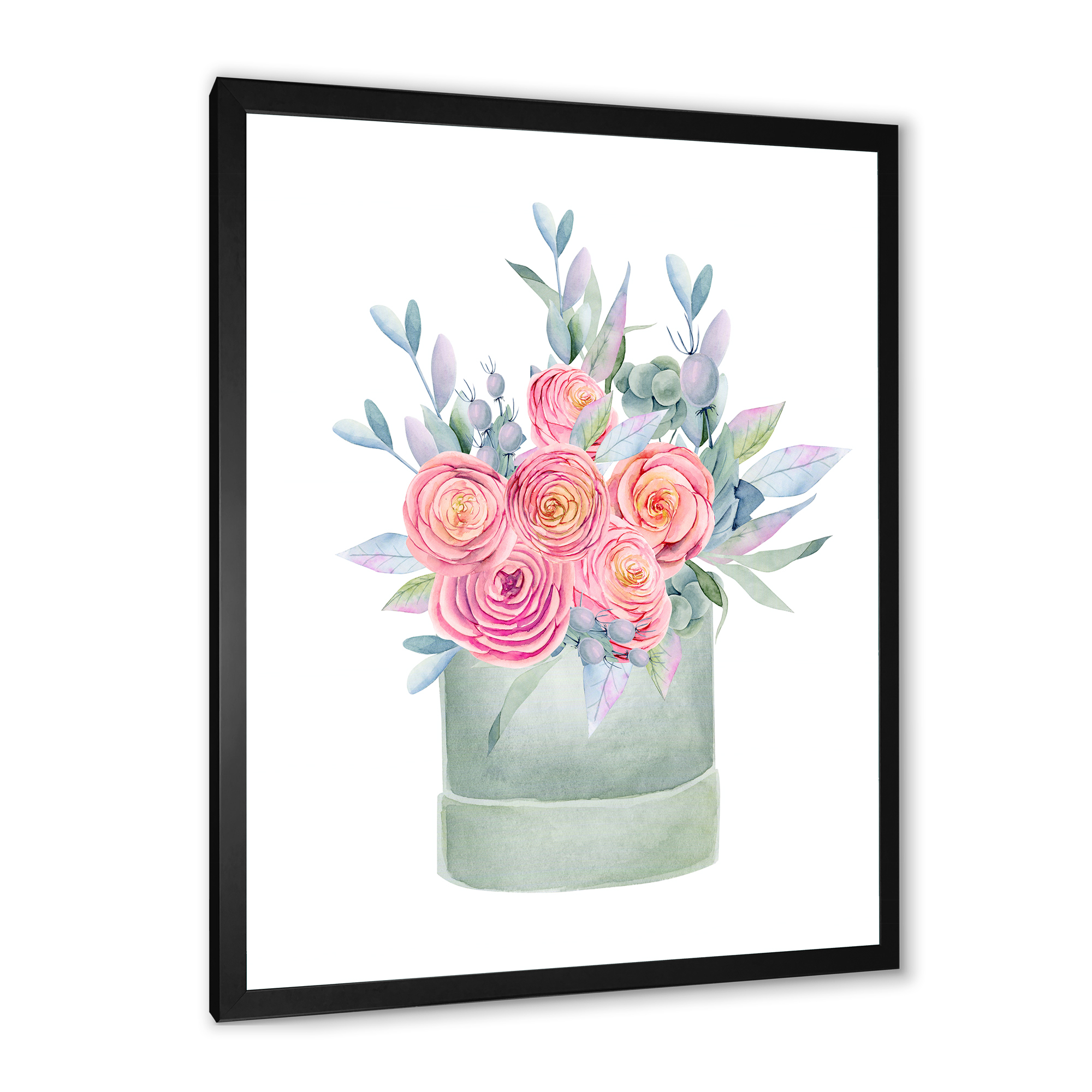 Designart 'Pink Roses With Gift Box' Farmhouse Framed Art Print