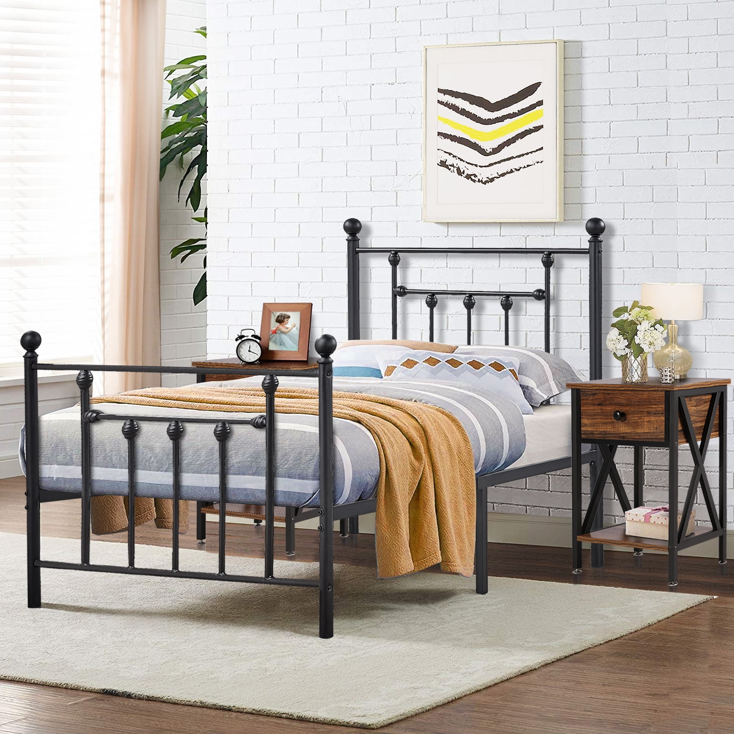 Vecelo Twin Size Bed Frame/Platform Bed with Victorian Iron Headboard