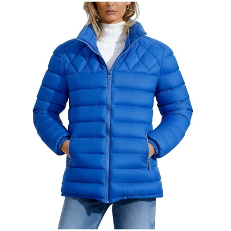 BXJX Women s Stand Collar Puffer Jacket- Casual Collarless Elastic Cuffs Warm Winter Zip-Up Coat with Pockets Blue Size 3XL