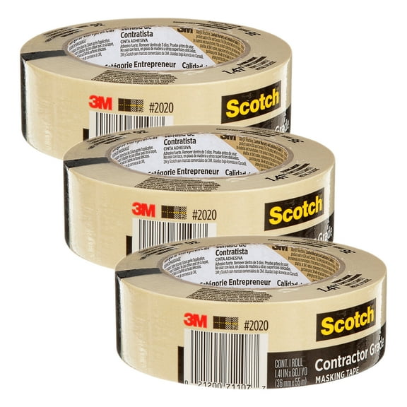 Scotch Contractor Grade Masking Tape, 1.41 in x 60.1 yd (36mm x 55m), Pack of 3