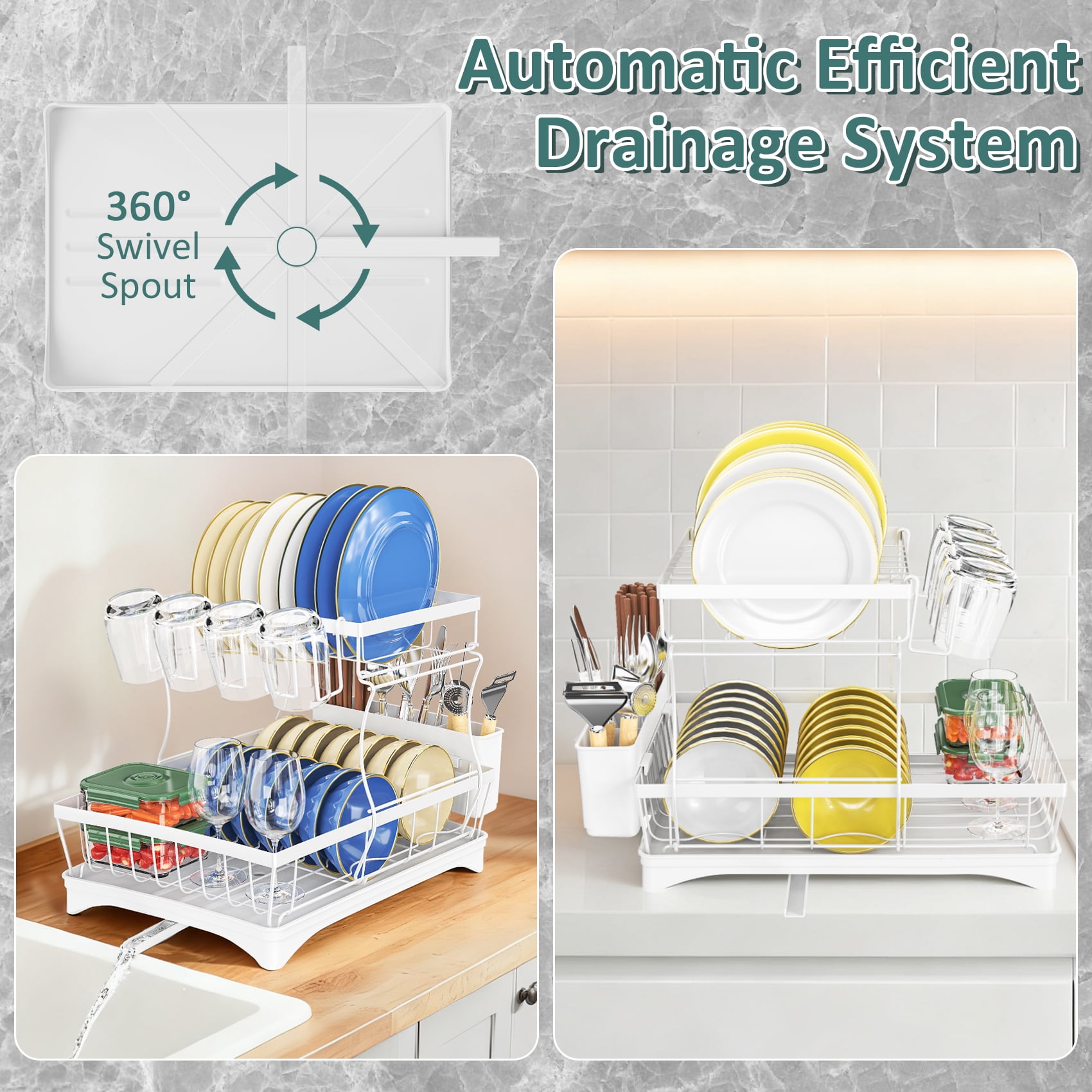 Glovv Large Capacity Dish Racks for Kitchen Counter, 2 Tier Collapsible Over the Sink Dish Rack,Versatile Dish Drying Rack with Auto Drainage System and Breathable Mesh Basket, White