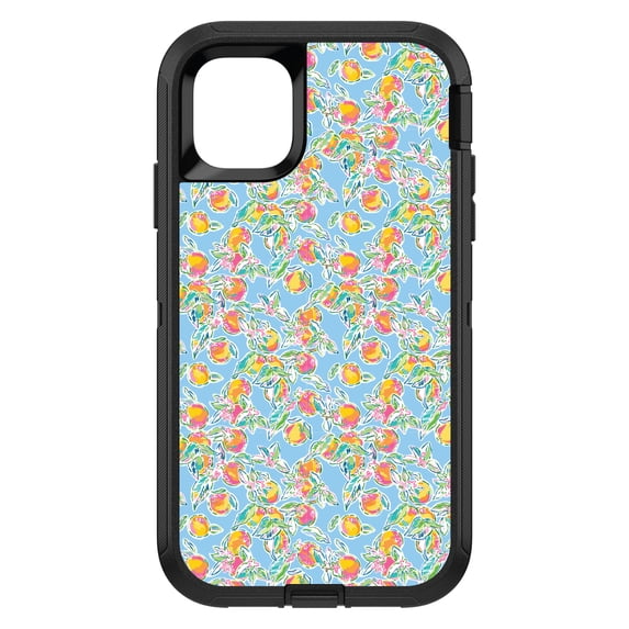DistinctInk Custom SKIN / DECAL compatible with OtterBox Defender for iPhone 11 Pro MAX (6.5" Screen) - Preppy Pattern - Orange & Blue Flowers Floral