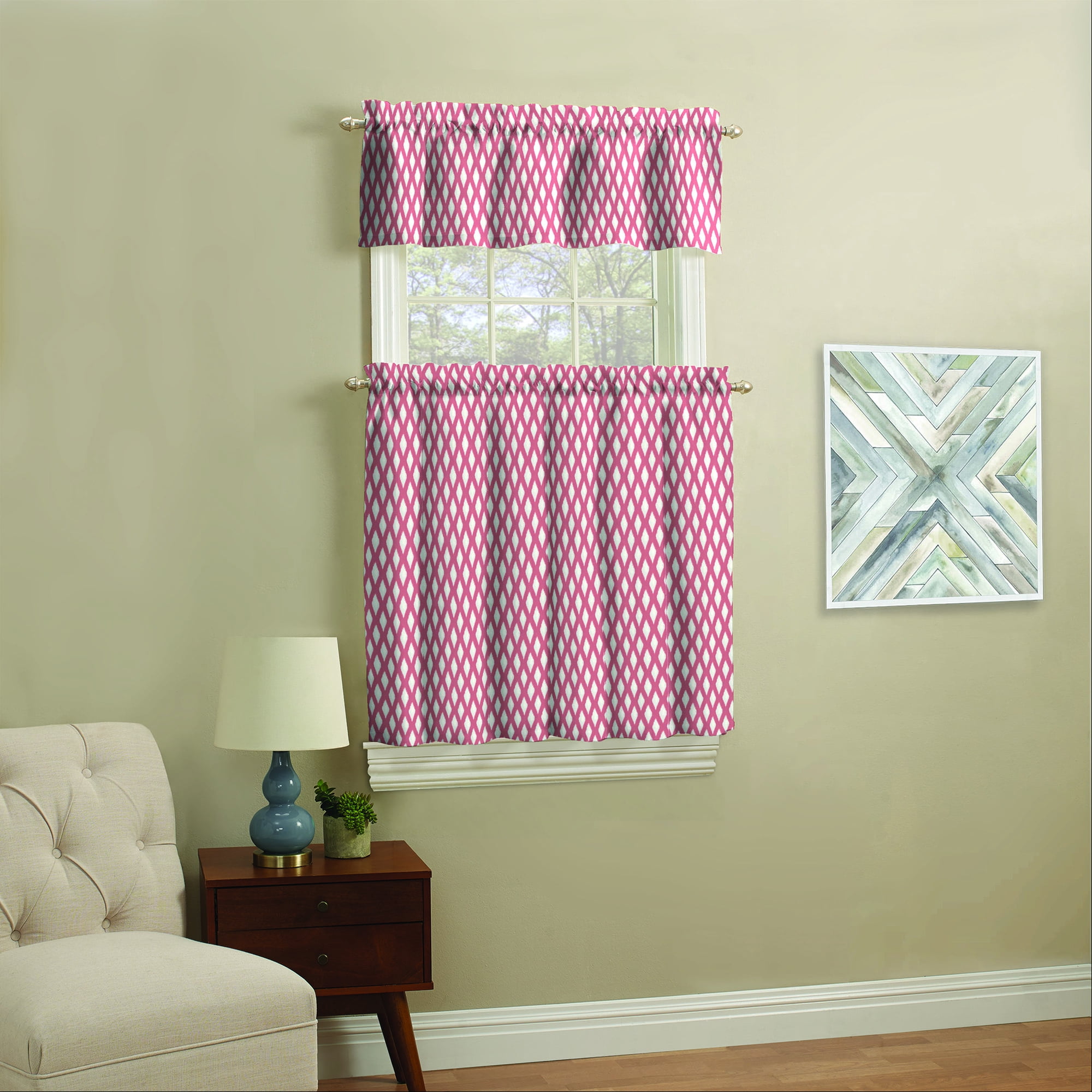 Mainstays Ikat Print Light Filtering Rod Pocket Kitchen Curtian Tier and Valance, 3-Piece Set, Pink, 56 x 36