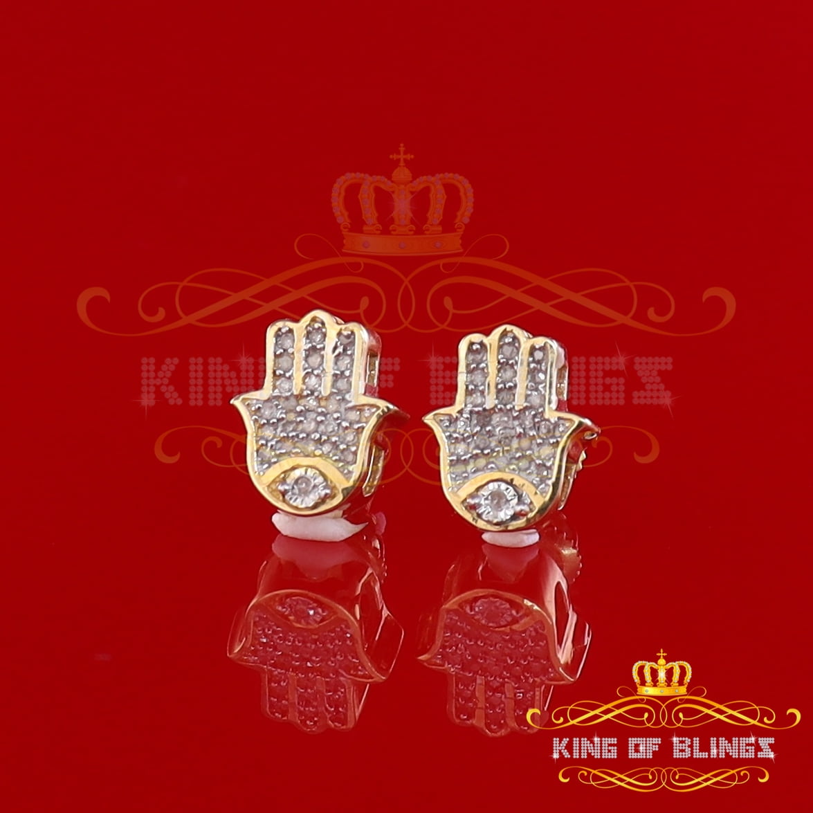 King of Bling's 925 Yellow Sterling Silver 0.15ct Diamond Stud Women's & Men's Hamsha Earrings