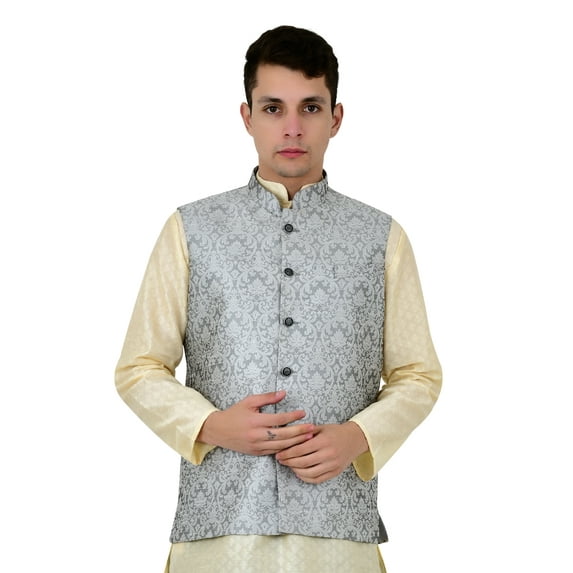 Sonakshi Fashion Men's Brocade Waistcoat Bandhgala Festive Jacquard Nehru Jacket, Color: Gray, Size: 52