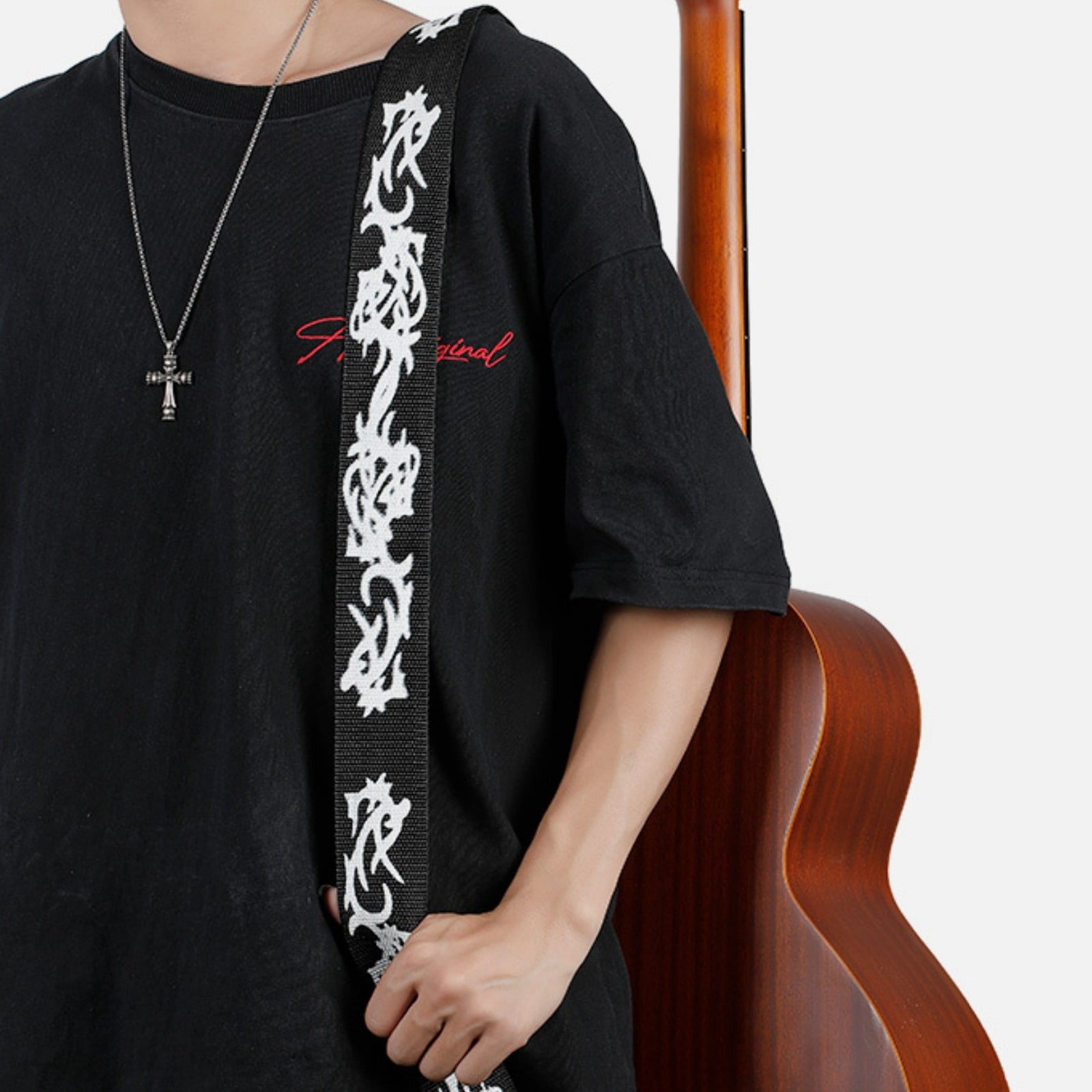 Flame Pattern Adjustable Guitar Strap for Acoustic Electric Bass & Ukulele, Canvas Shoulder Strap with PU Leather Ends