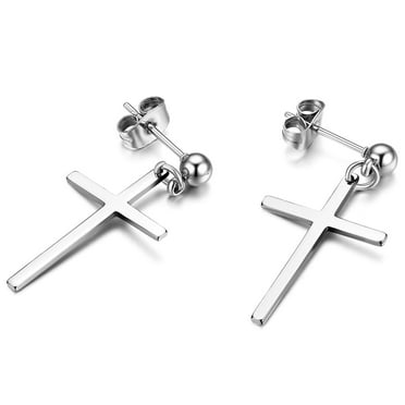 OIDEA 1 Pairs Stainless Steel Silver Cross Dangle Stud Hinged Earrings for Men Women