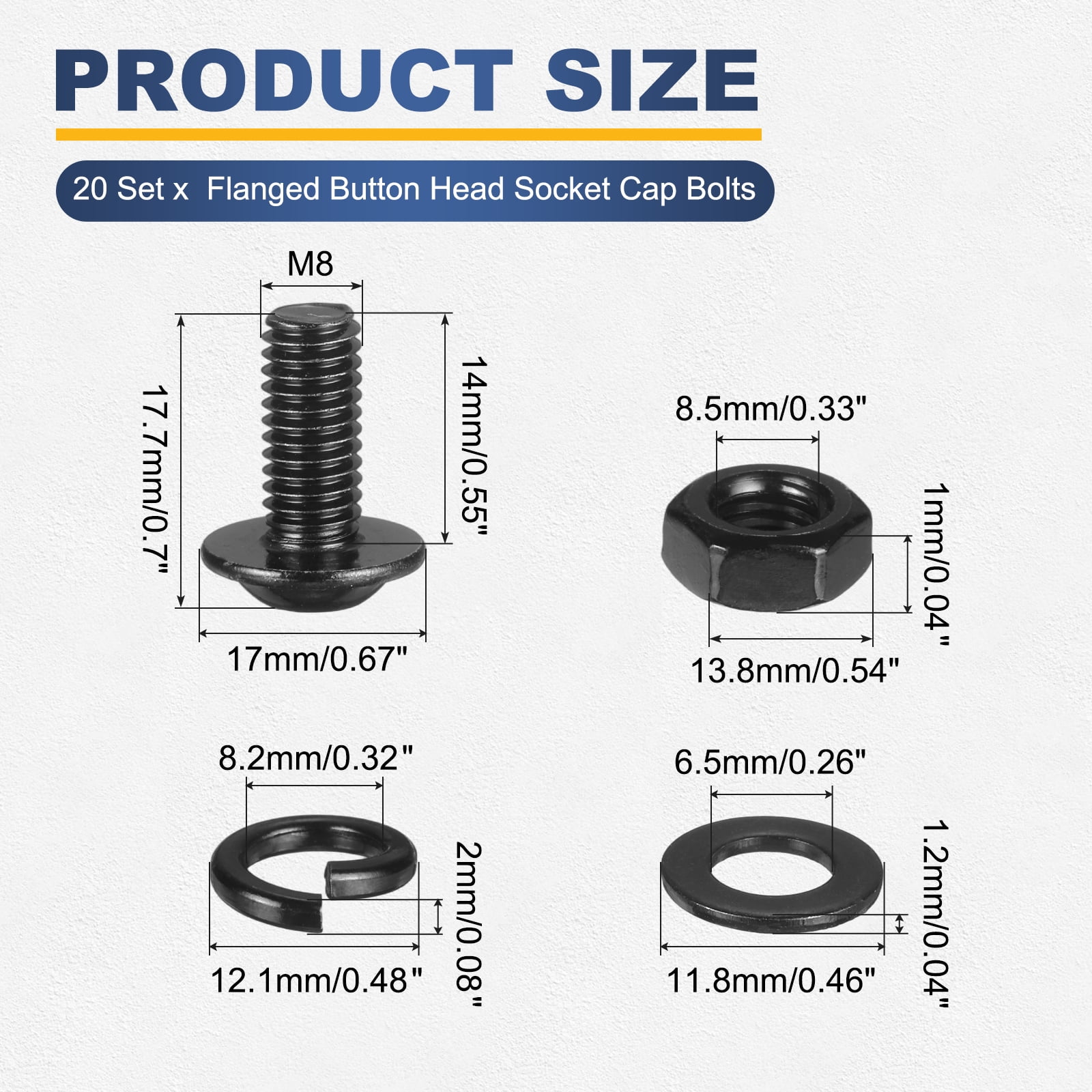 20 Set M8 x 14mm Flanged Button Head Socket Cap Screws, Black 304 Stainless Steel 18-8 Hex Socket Head Screws Bolts, Nuts, Flat & Lock Washers for DIY, Furniture, Automotive