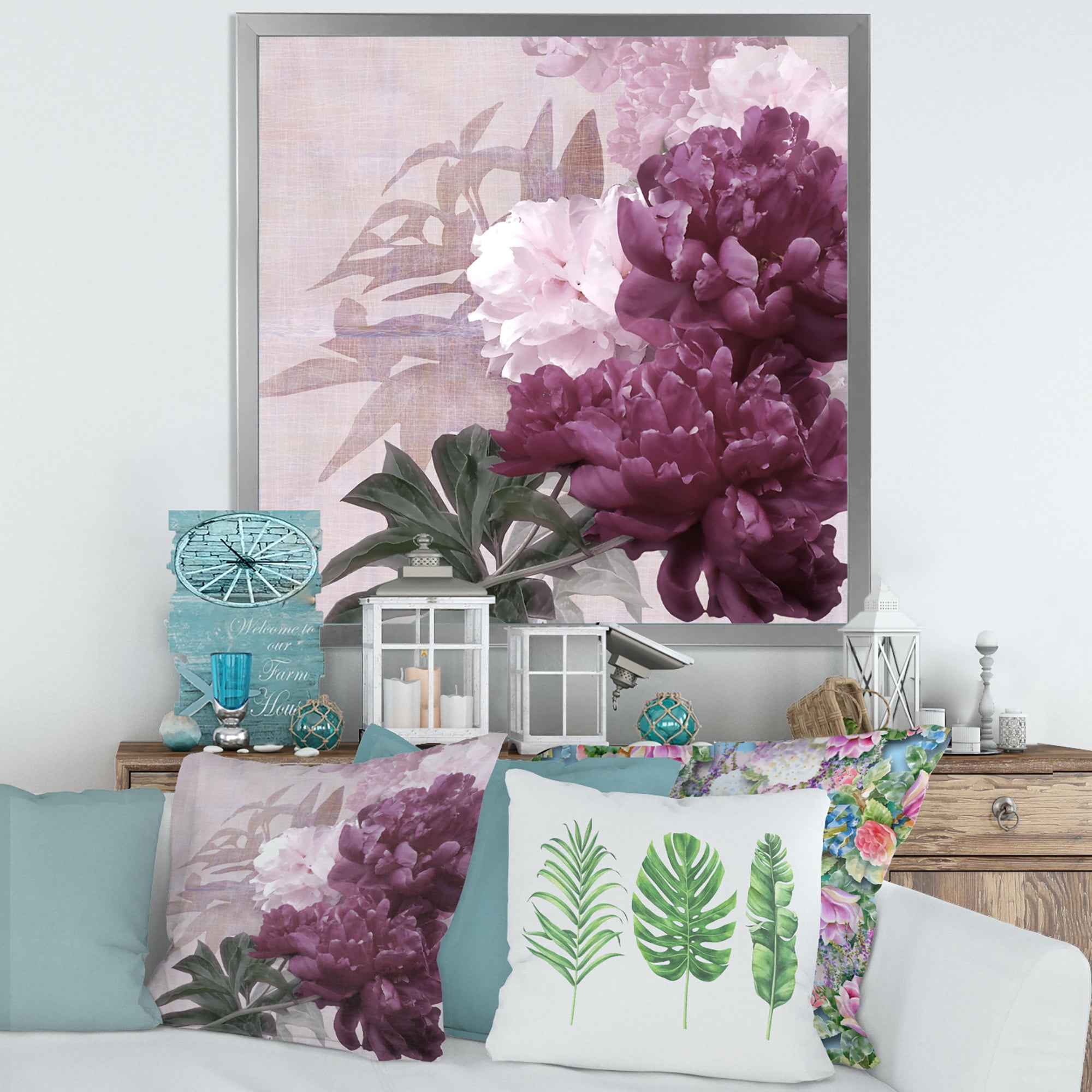 Designart 'Ancient Pink and Purple Flowers I' Traditional Framed Art Print