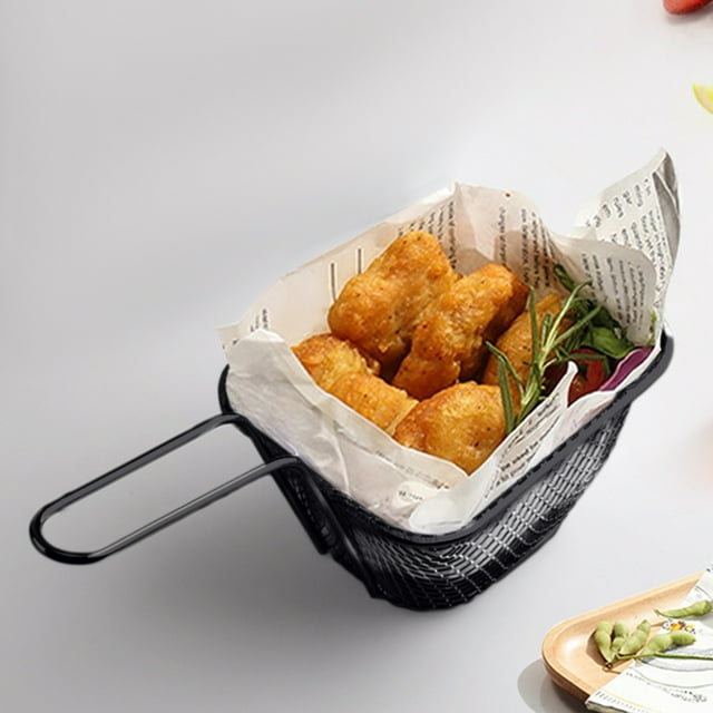 Birdeem 1 Pcs Mini Square Fry Baskets, 4.3×3.5×2.5Inch Stainless Steel Fry Basket with Handle Steel French Fry Chip Basket French Fries Desk Food Presentation Mesh Basket Kitchen Cooking Tool,Black