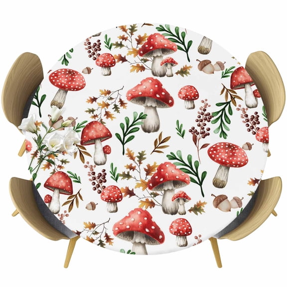 Red Mushrooms Round Tablecloth, Fitted Table Cover with Elastic for 55"-60" Round Tables, Maple Leaves Plants Country Botanical Table Cloth Outdoor Indoor Dinning Party Waterproof Tablecloths