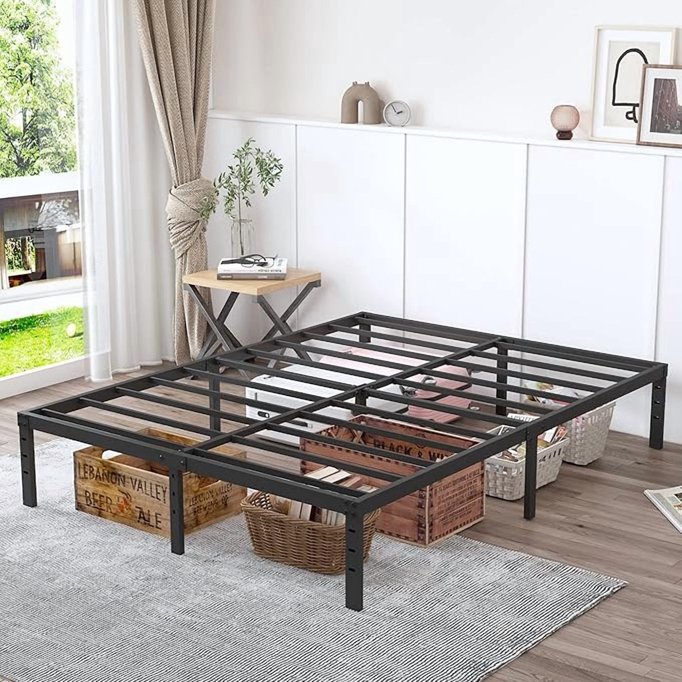 Smiaoer Queen Size Metal Bed Frame with Storage Space – Heavy Duty Platform, No Box Spring Needed, Black