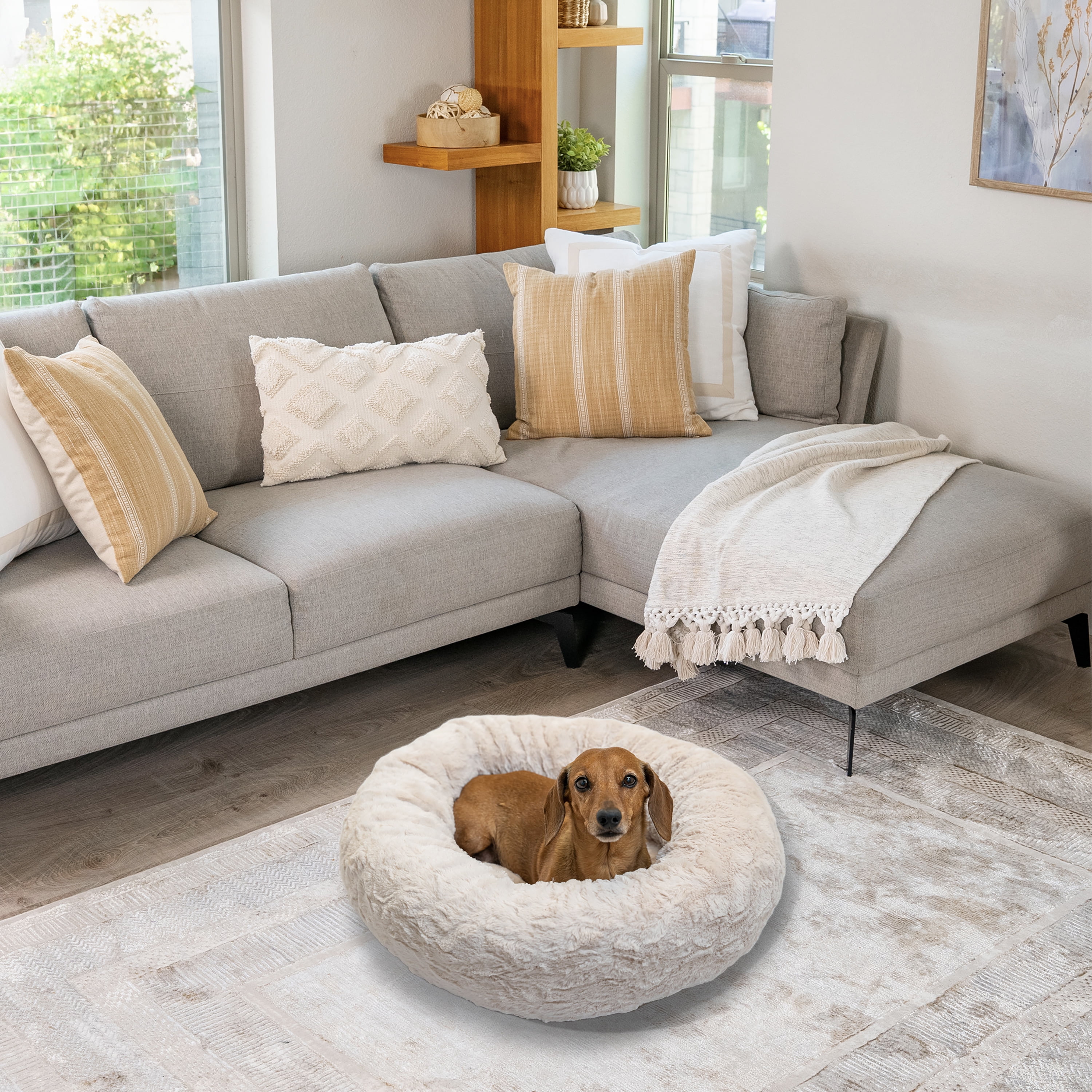 Best Friends by Sheri The Original Calming Donut Dog Bed – Washable Plush Pet Bed for Cats & Small Dogs up to 25 lbs, Lux Faux Fur, Oyster, Small (23" x 23")