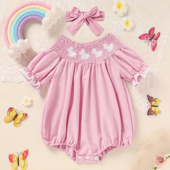 ZEHJUHAN Baby Girl's 2-Piece Romper Set, Bunny Embroidered Ruffle Crew Neck Puff Sleeve Onesie with Hair Bow Pink,3-6M